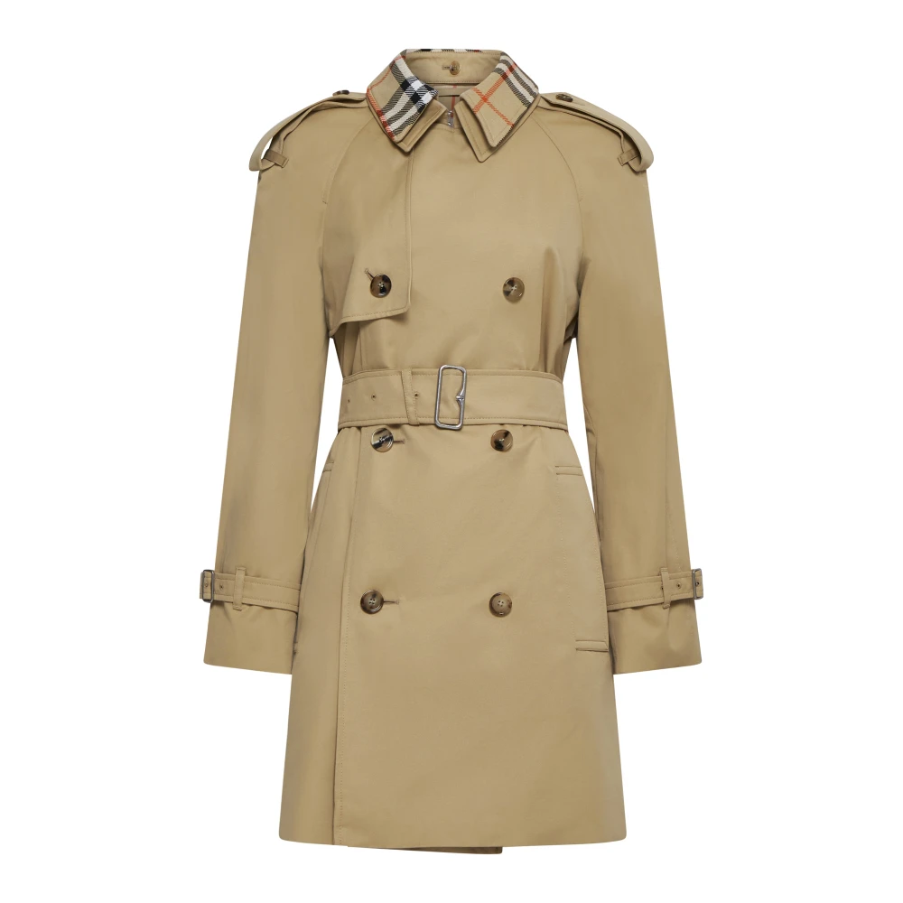 Burberry Kort Trenchcoat med Rutiga Detaljer Beige, Dam