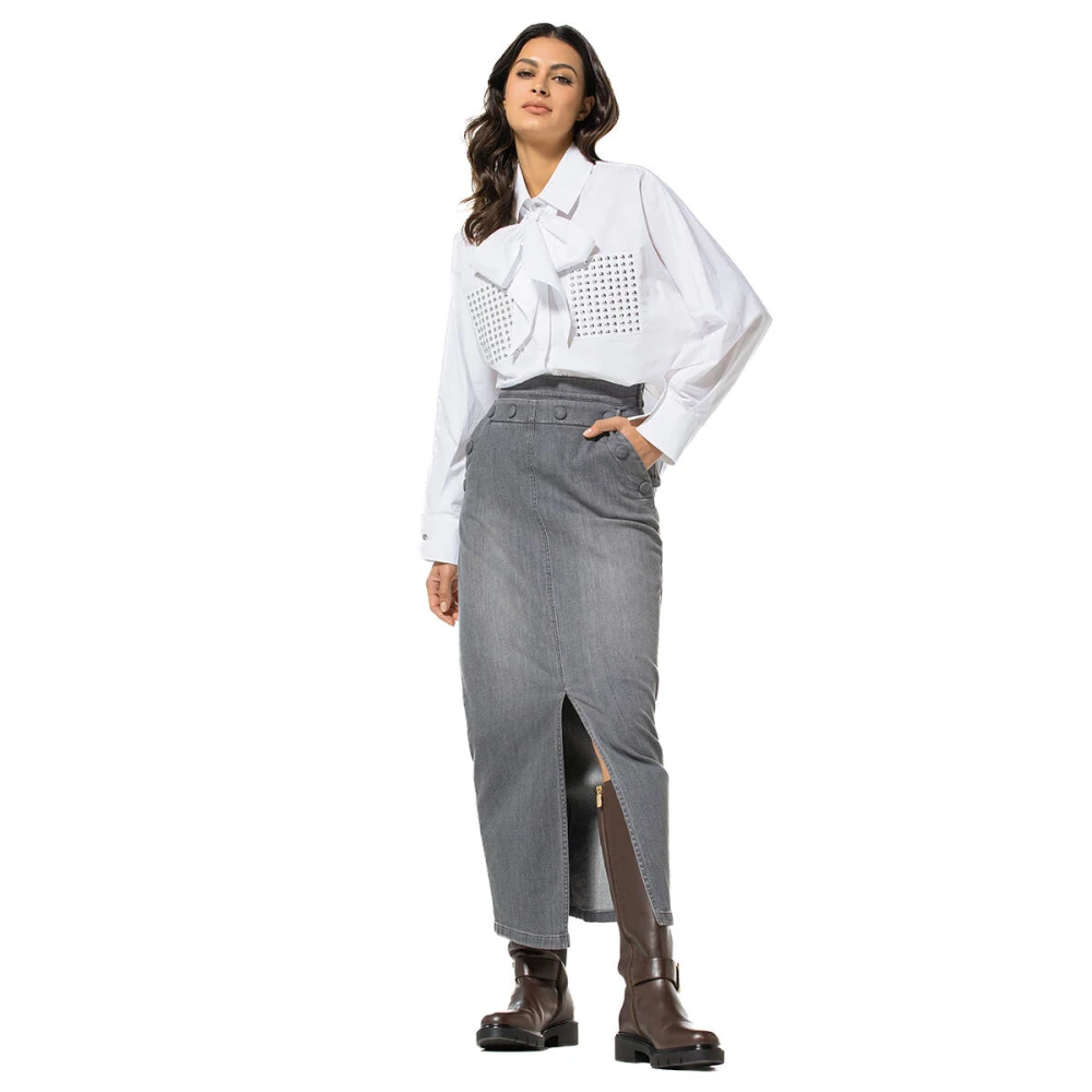 Caroline Biss Denim Midi Rok Comfortabele Stijl Gray Dames
