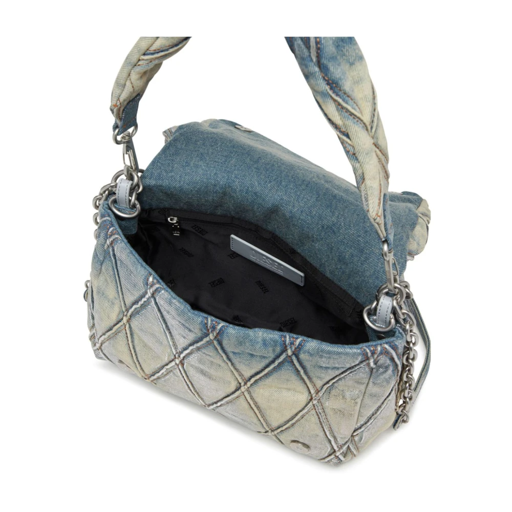 Diesel Metallic Gewatteerde Denim Schoudertas Beige Dames