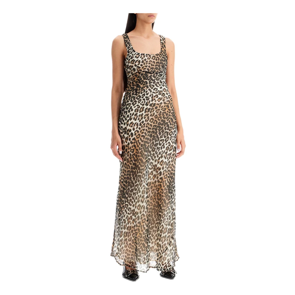 Ganni Dierenprint Chiffon Maxi Jurk Beige Dames