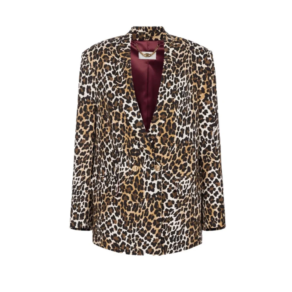 Elisabetta Franchi Damesjas met dierenprint en dubbele rij knopen Brown Dames