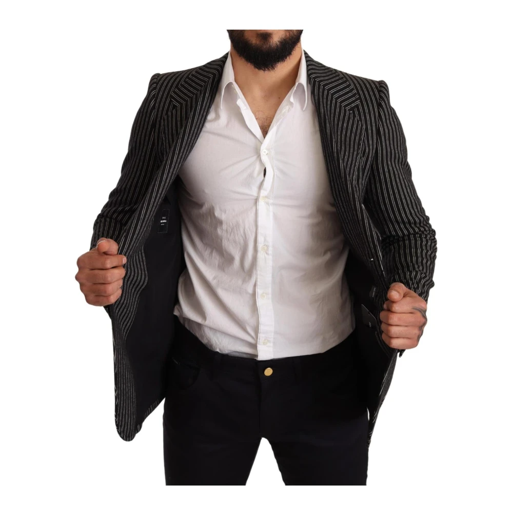 Dolce & Gabbana Gestreepte Linnen Blazer Slim Fit Zwart Black Heren