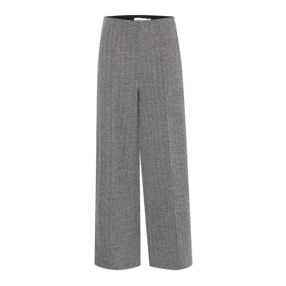 Ichi Herringbone Jacquard Broek Zwart Wit Gray Dames