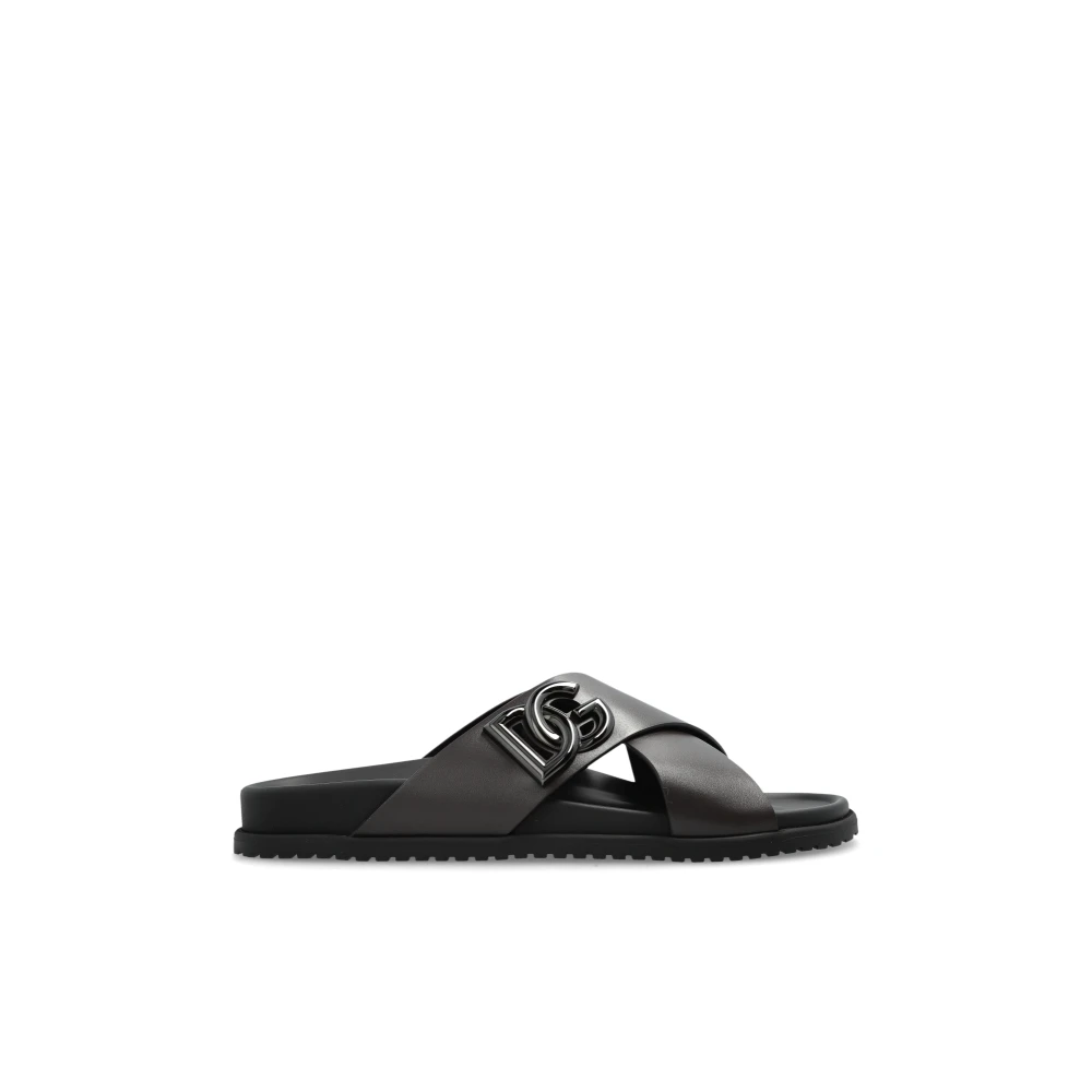 Dolce & Gabbana Men's Brown Leather Slides With Logo - Sliders - 6 Uk - Shoes