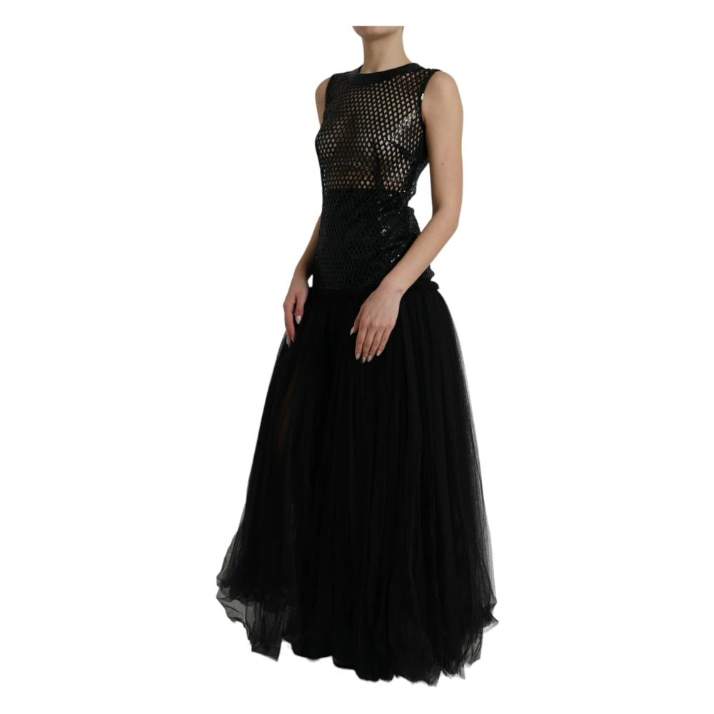 Dolce & Gabbana Zwart Paillet Avondjurk met Mesh Bovenlijf Black Dames