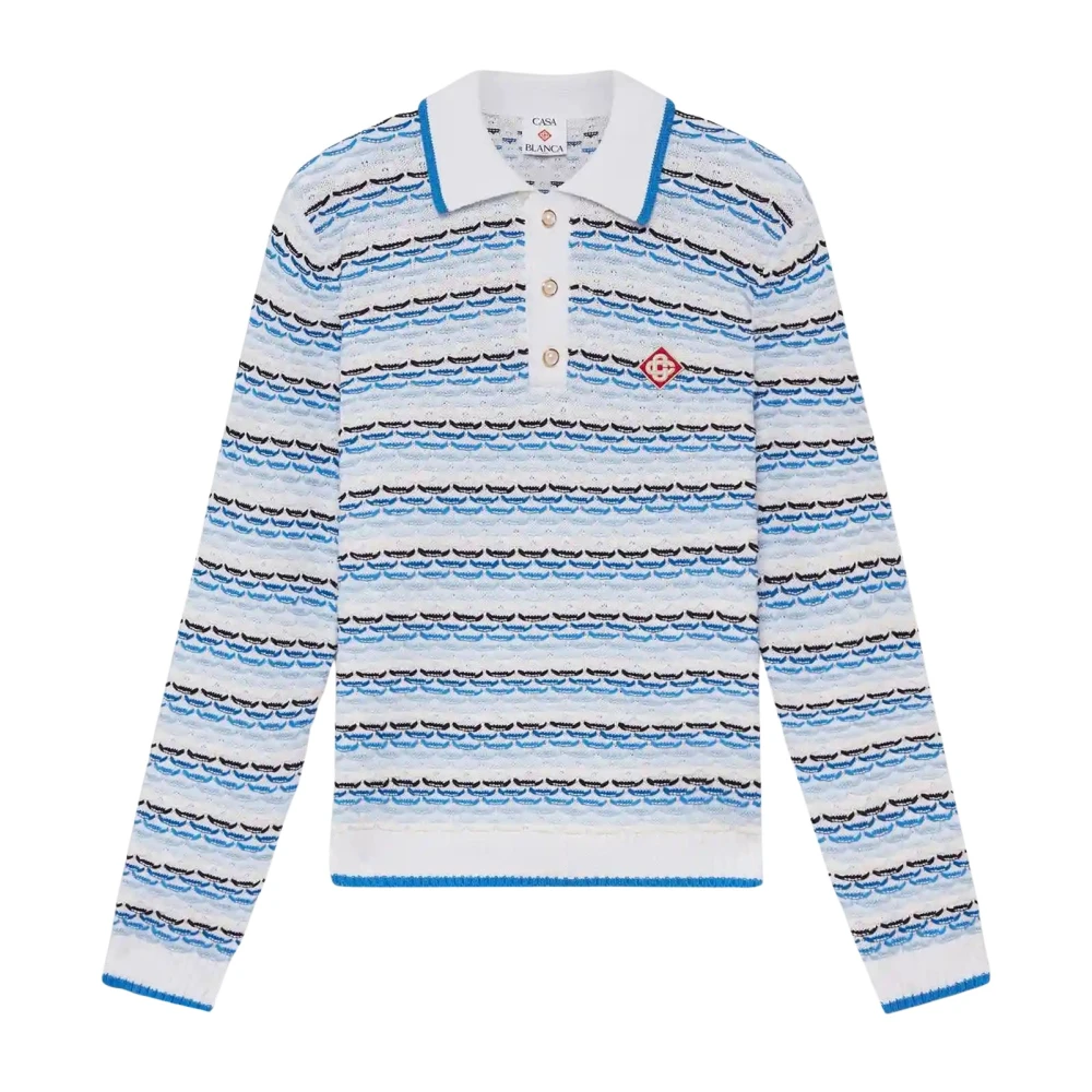 Casablanca Men's Blue Tuck Stitch Long Sleeve Polo Shirt - Polo Shirts - M - Tops