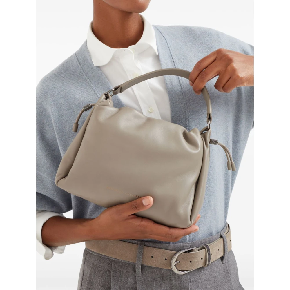 BRUNELLO CUCINELLI Grijze leren trekkoord schoudertas Gray Dames