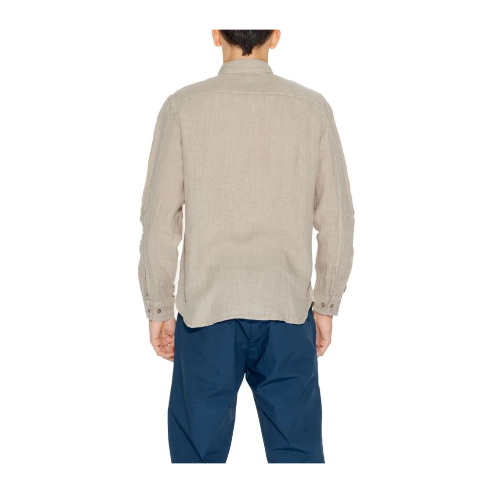 Blauer Beige Linnen Overhemd met Lange Mouwen Beige Heren