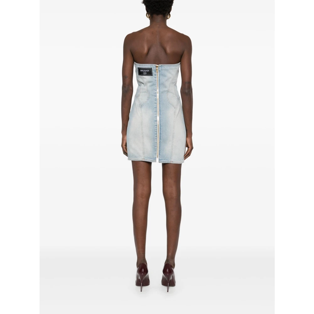 Balmain Heldere Blauwe Denim Sweetheart Jurk Blue Dames