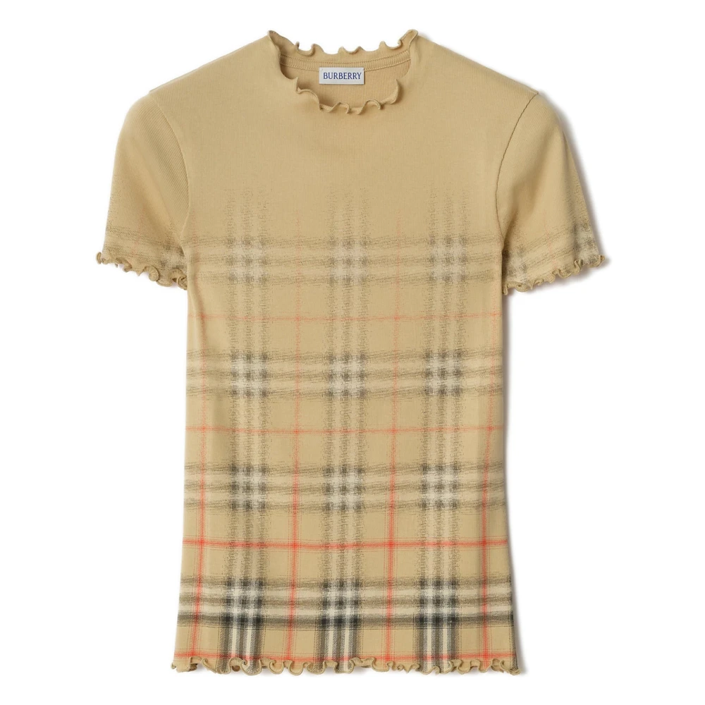 Burberry Women's Beige T-Shirts, S, Check Stretch Cotton T-Shirt