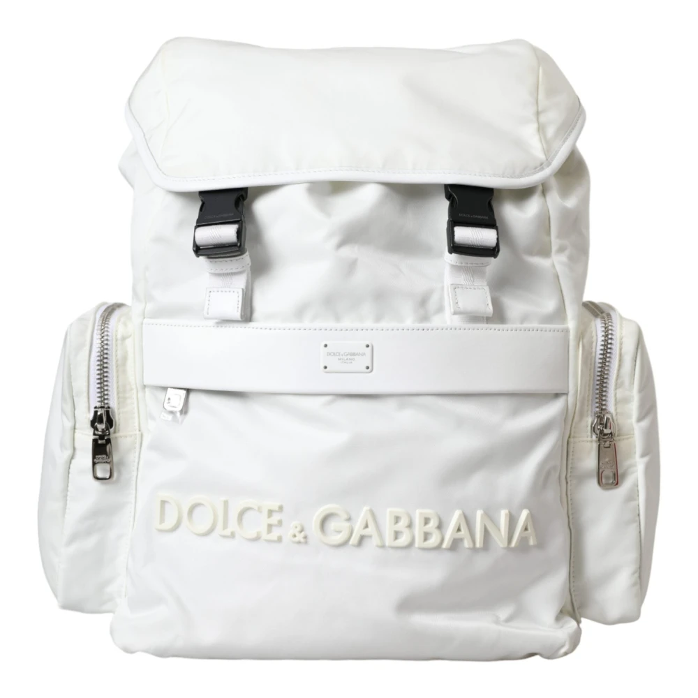 Dolce & Gabbana Witte Nylon-Gummi-Logo Rugzak Tas White Unisex