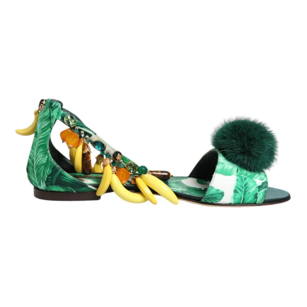 Dolce & Gabbana Women's Green Flat Sandals, 3 1/2 Uk, Mink Fur Banana Leaf Sandals