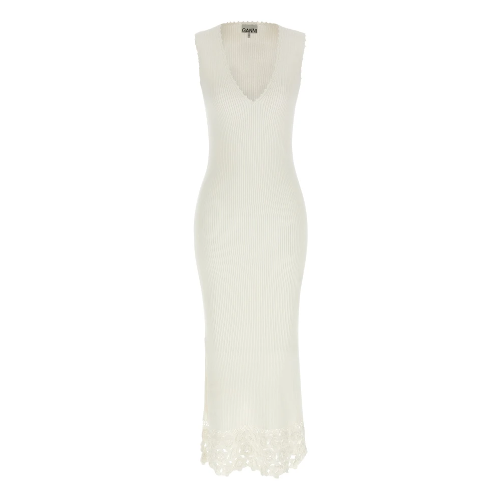 Ganni Women's White Long Dress In Cotton Crochet - Knitted Dresses - S - Dresses