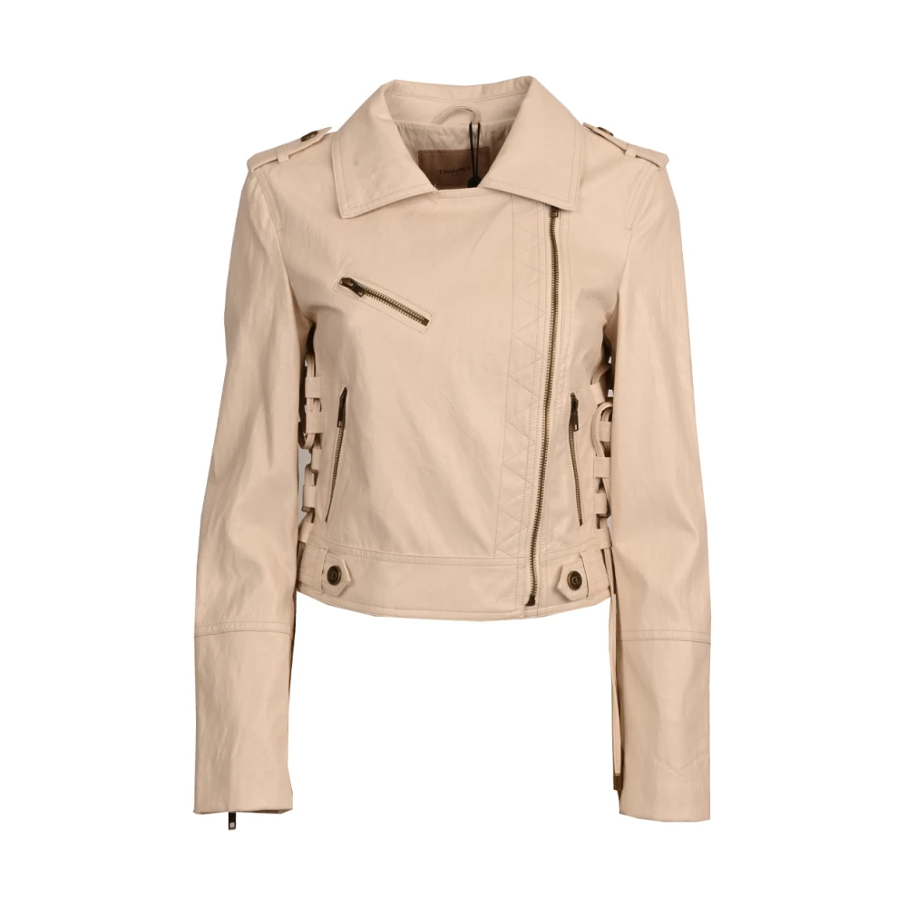 Twinset Witte leren jas met ritsen Beige Dames