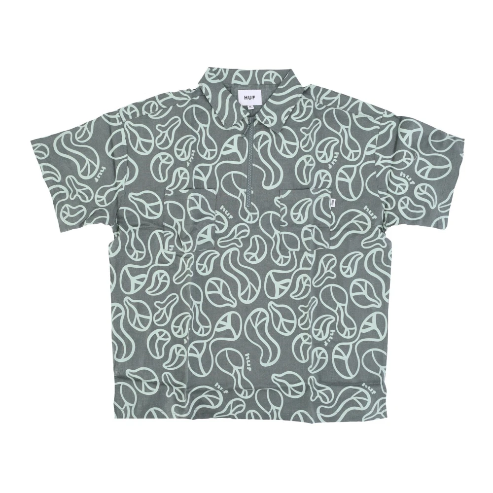 HUF Stijlvolle korte mouw rits werkoverhemd Green Dames