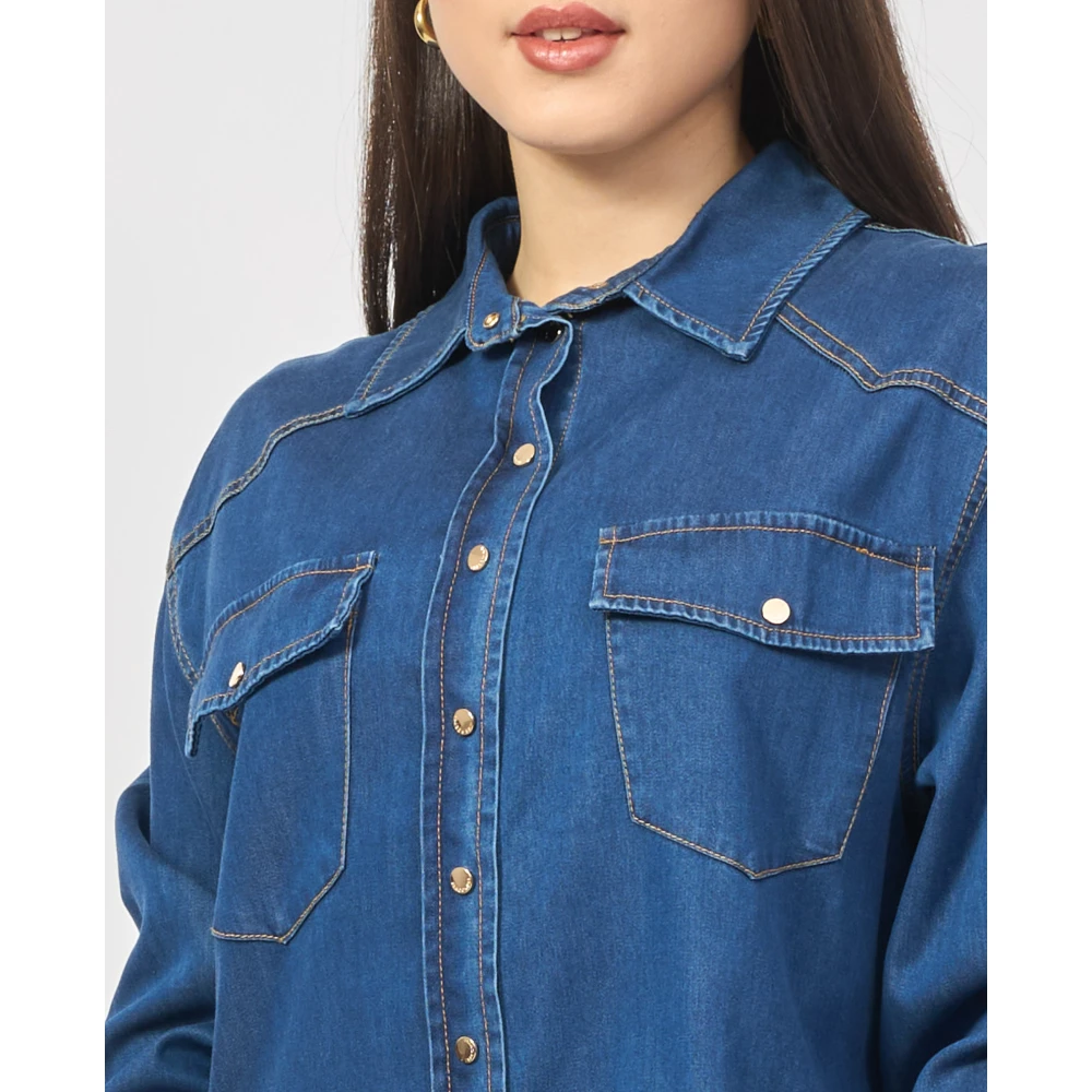 Fracomina Blauwe Denim Regular Shirt met 3 4 Mouwen Blue Dames