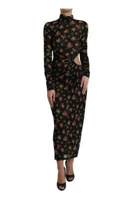 Blommig Mesh Midi Klänning Cutout Stil
