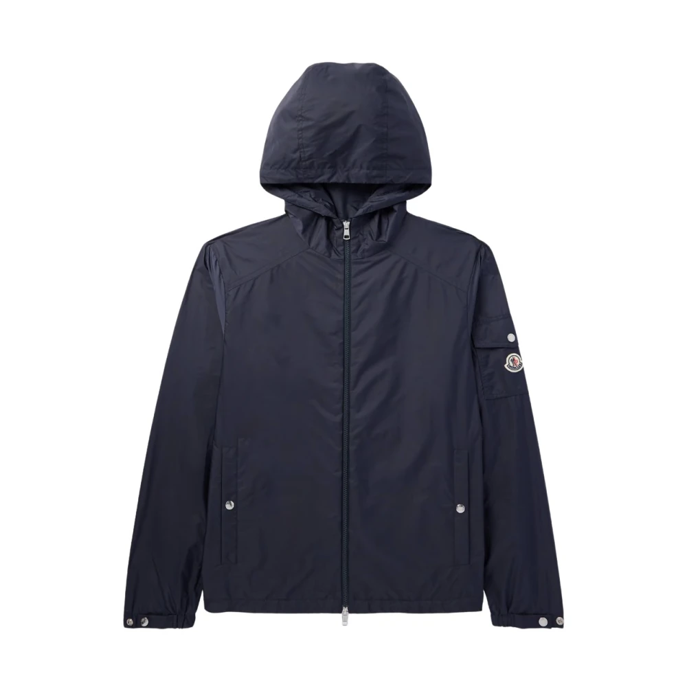 Moncler Blauwe Shell Logo Patch Hooded Jas Blue Heren
