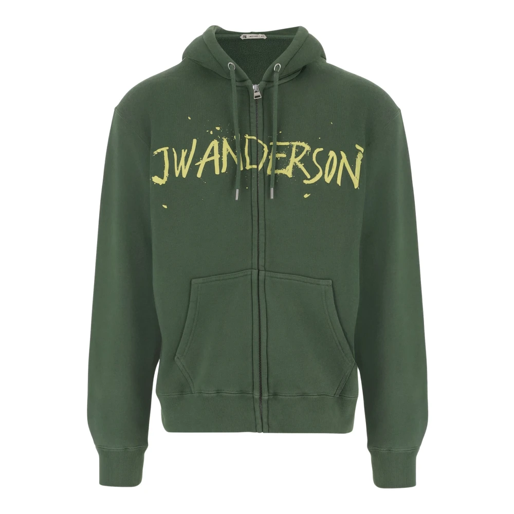 Jw Anderson Men's Green Zip-Throughs, M, Zip Front Print Hoodie