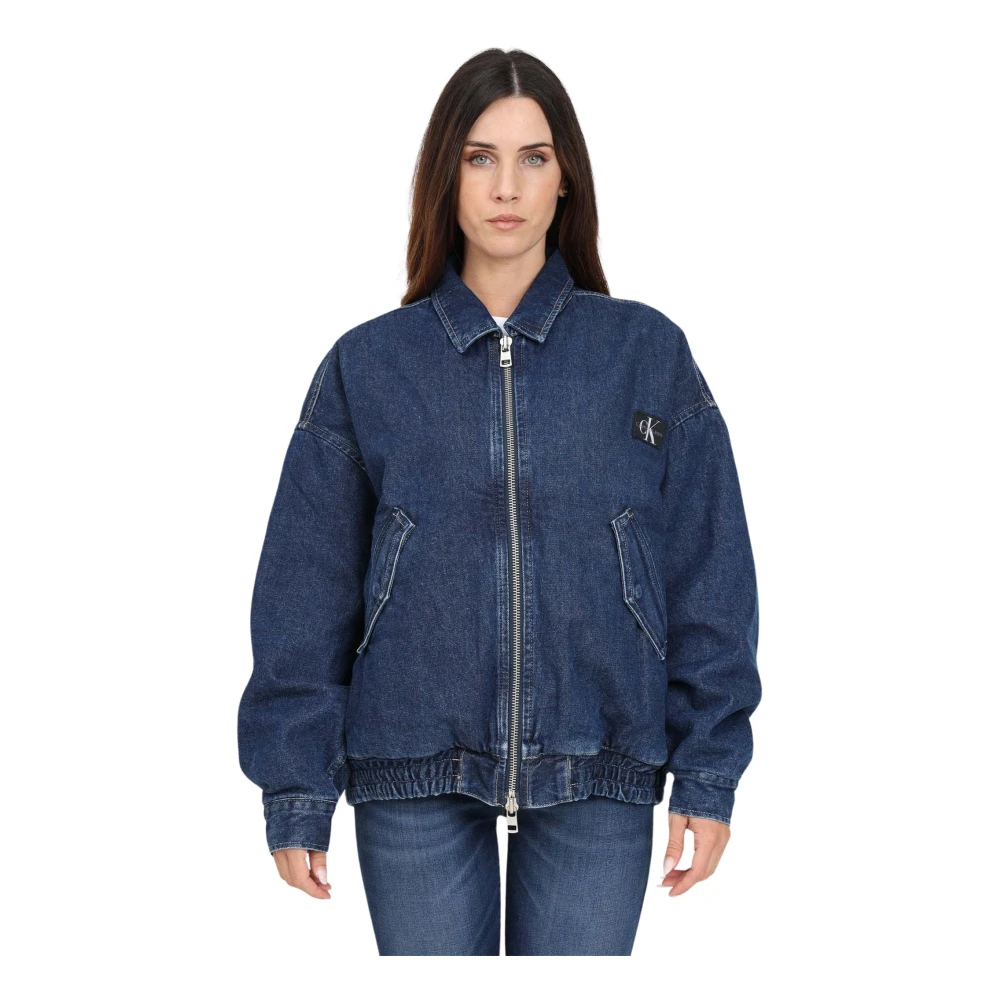 Calvin Klein Jeans Blauwe Denim Bomberjack met Logopatch Blue Dames