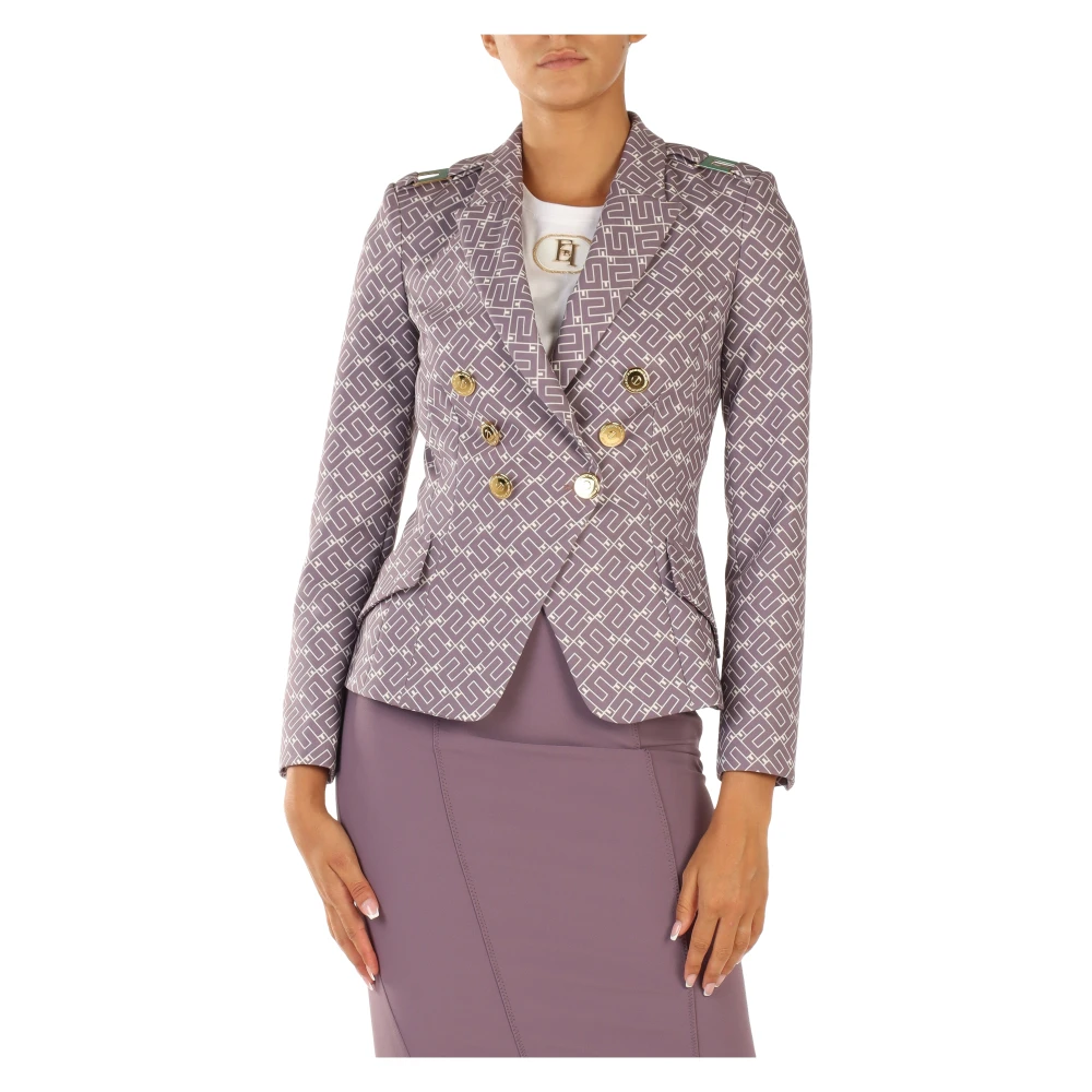Elisabetta Franchi Elegante dubbelrijige jas met logo print Purple Dames