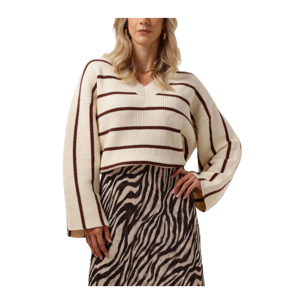 Gestuz V-hals Pullover met Bruine Strepen Beige Dames