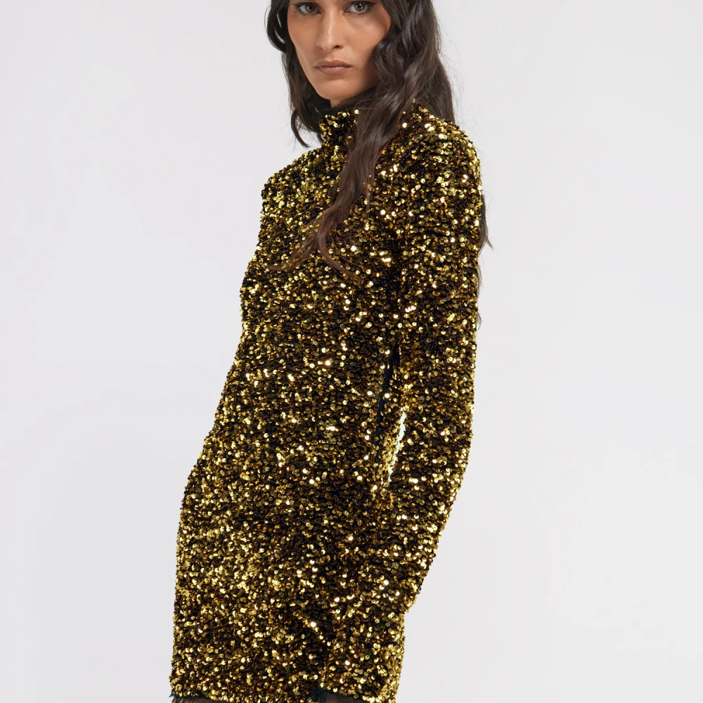 Roberto Cavalli Paillet Mini Jurk Hoge Hals Italië Yellow Dames