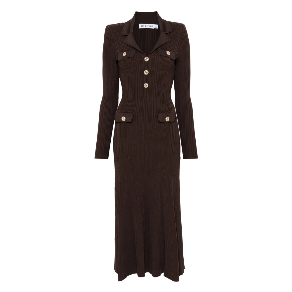 Self Portrait Geribbelde Gebreide Midi Jurk Bruin Brown Dames