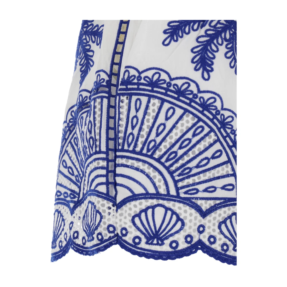 Farm Rio Blauwe Shorts met Elastische Taille en Palm Borduurwerk White Dames