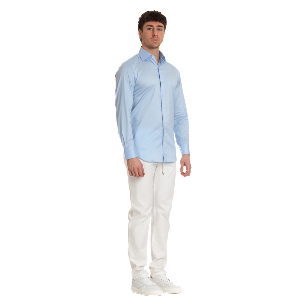 Finamore Heldere Blauwe Stretch Poplin Overhemd Blue Heren