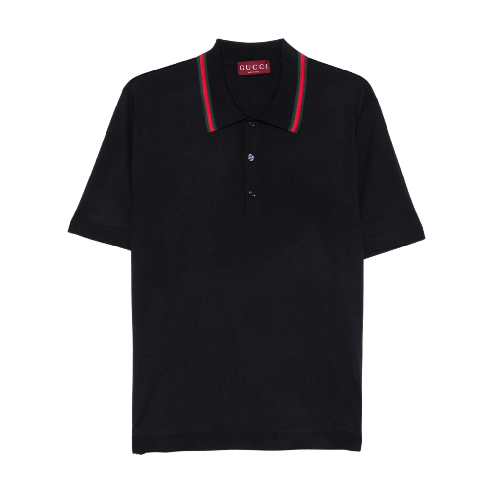 Gucci Blauwe Wollen Polo Shirt met Web Kraag Black Heren