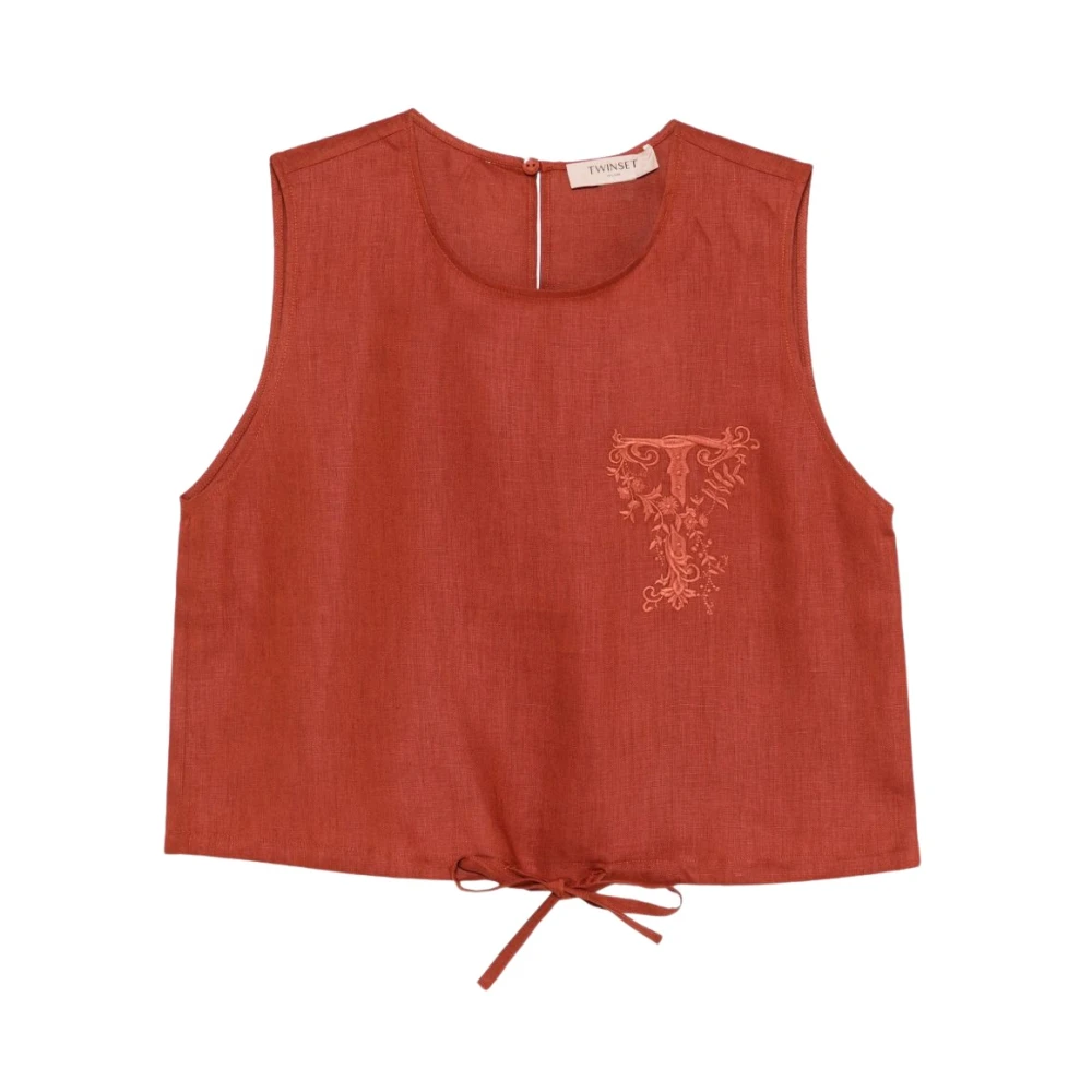 Twinset Women's Brown Sleeveless Embroidered Crop Top - Sleeveless Tops - M - Tops