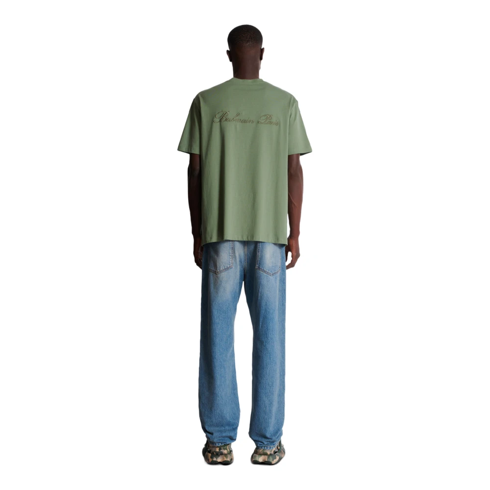Balmain Losse T-shirt met Balain Signature borduurwerk Green Heren