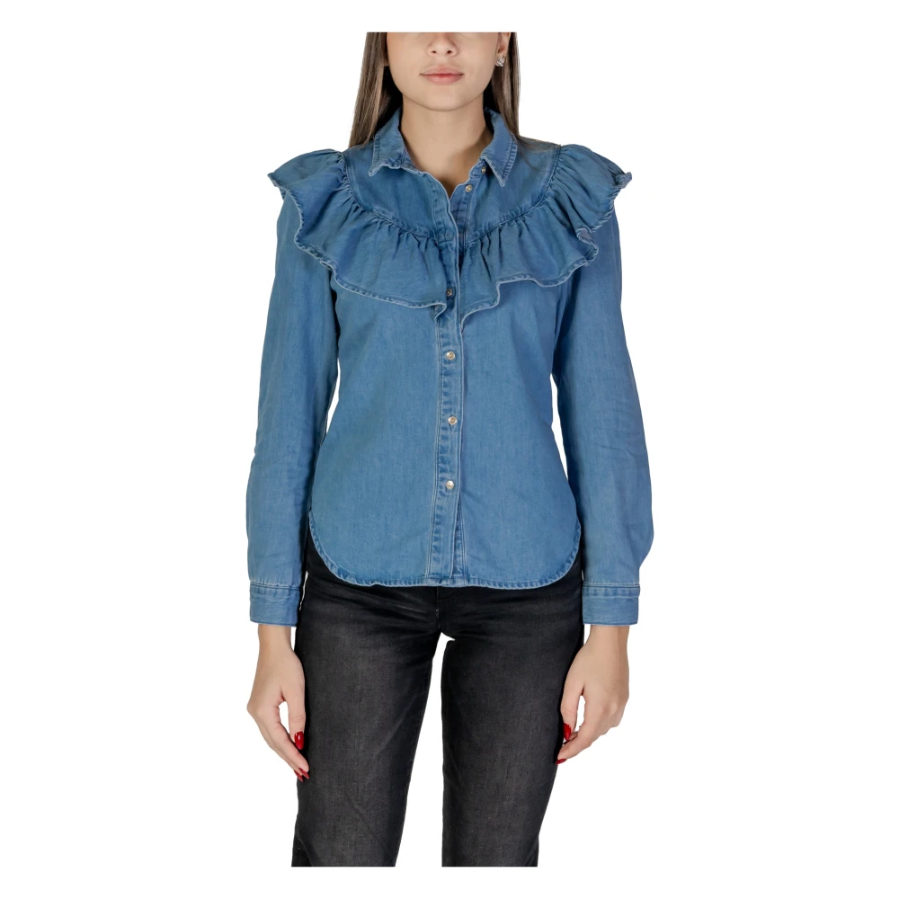 Only Blauwe Denim Shirt Geribbelde Kraag Blue Dames