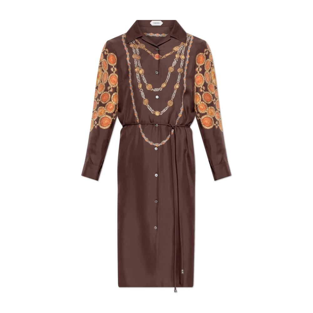 Versace Vrouw Bruin Kleedjes Dames, L, Printed Silk Twill Mini Shirt Dress