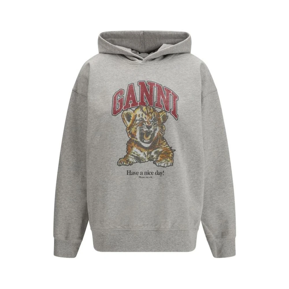 Ganni Women's Gray Hoodies, Xs, Cotton Crewneck Sweatshirt