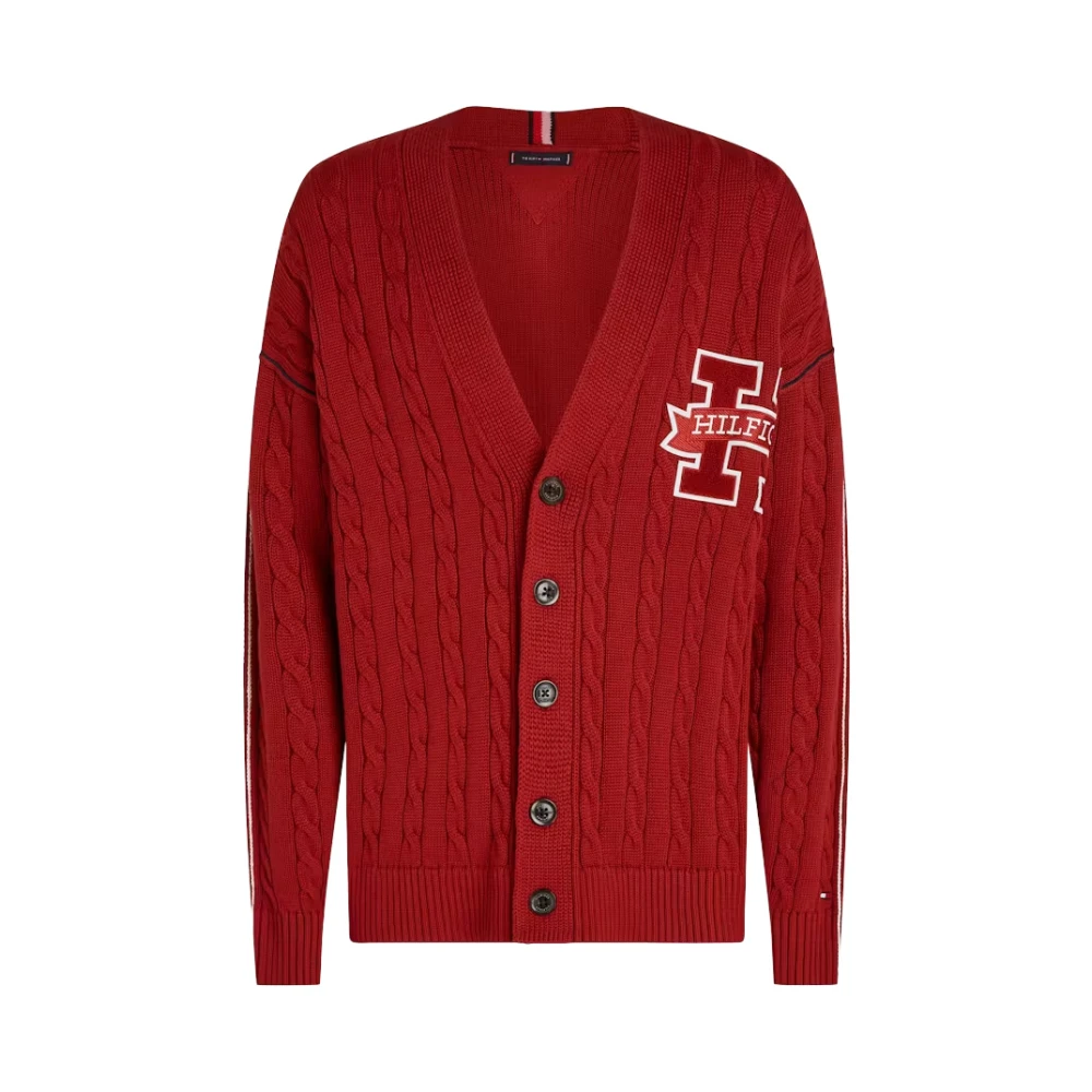 Tommy Hilfiger Men's Orange Logo Applique Cable Knit V-Neck Cardigan - Cardigans - Xs - Knitwear