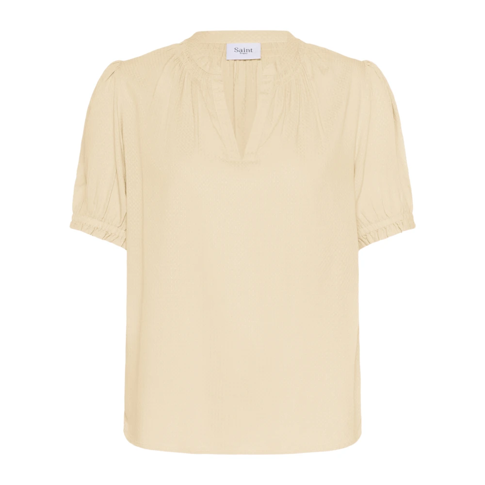 Saint Tropez Women's Beige Blouses, M, Elegant Short Sleeve Blouse Cream