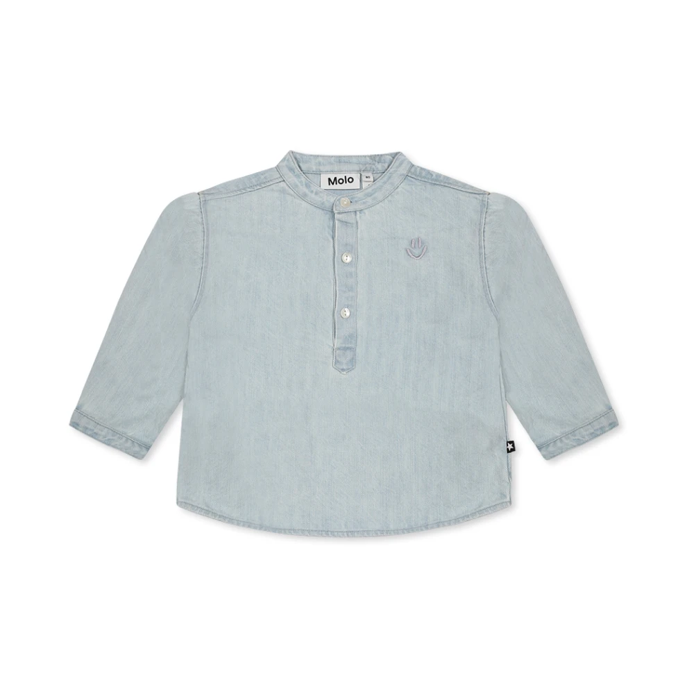 Molo Unisex Blue Denim Smiley Embroidered Mandarin Collar Shirt
