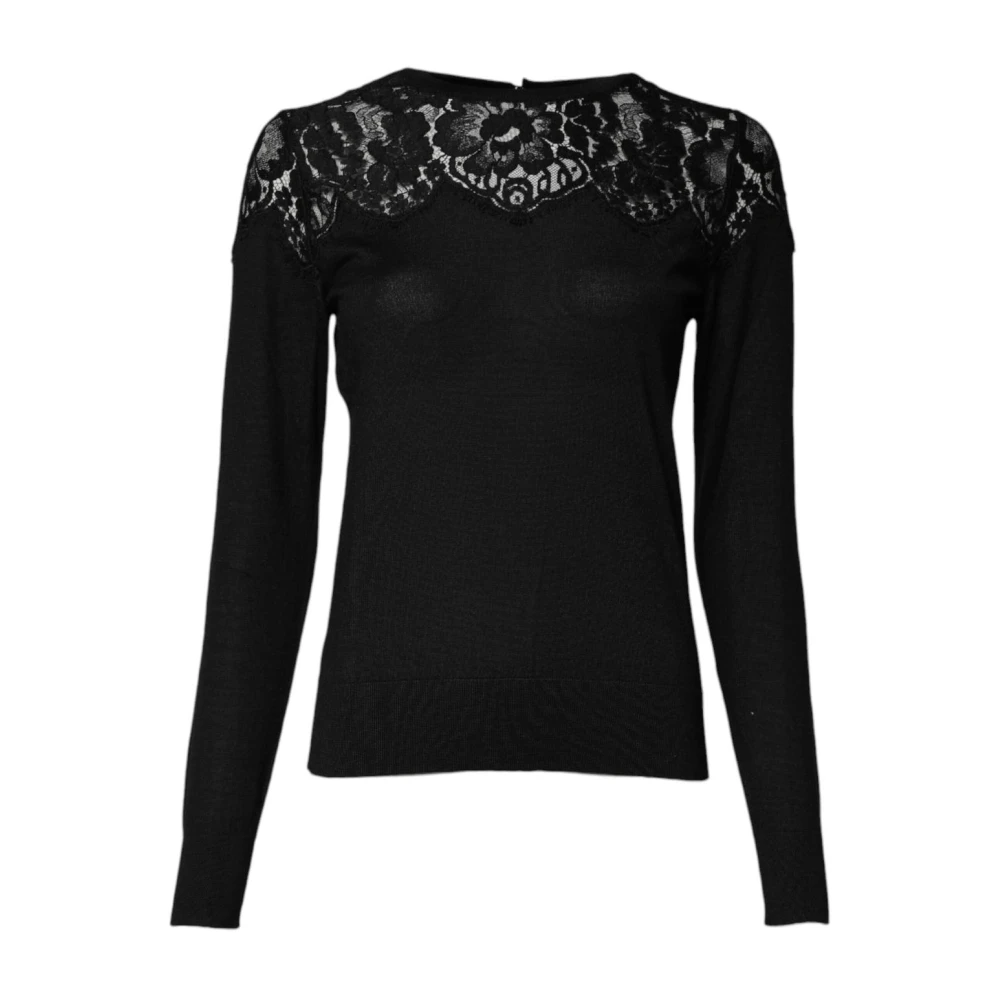 Dolce & Gabbana Women's Black Floral Lace Cashmere Blend Blouse - Long Sleeve T-Shirts - 2XS - Tops