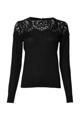 Svart Blus i Cashmereblandning med Blommig Spets