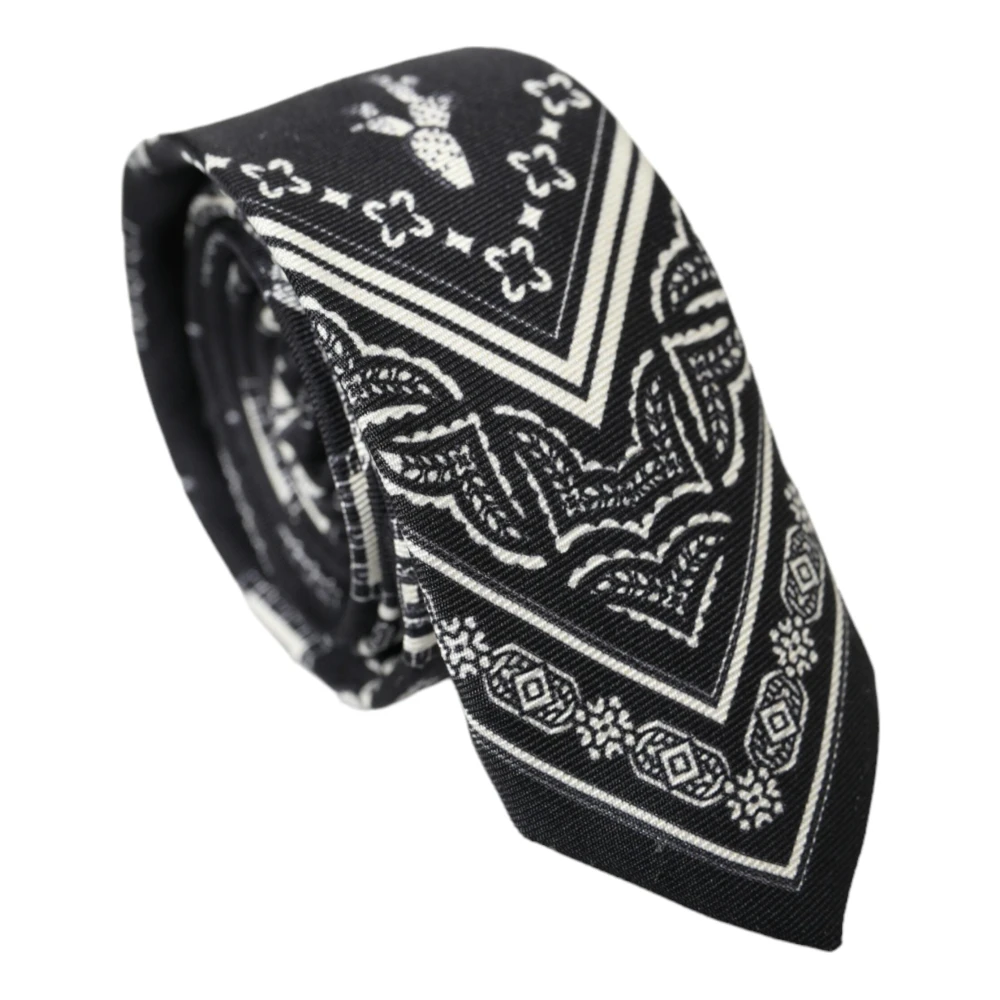 Dolce & Gabbana Zwart Wit Patroon Zijden Verstelbare Stropdas Black Heren