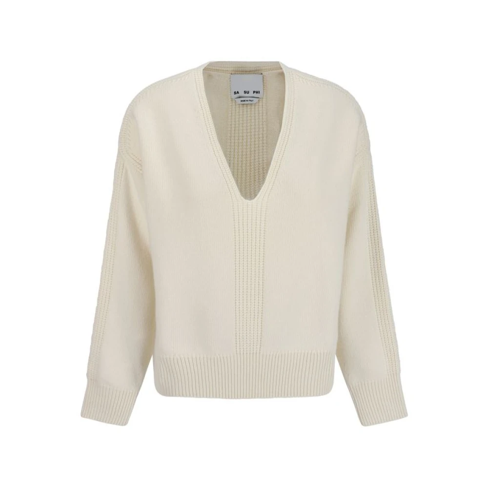 Sa Su Phi Merinowol V-hals Pullover White Dames