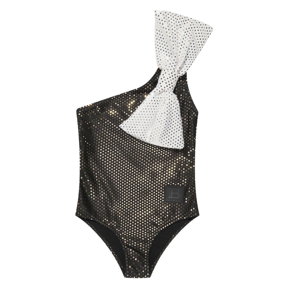 Balmain Girls Black One Shoulder Bow Swimsuit In