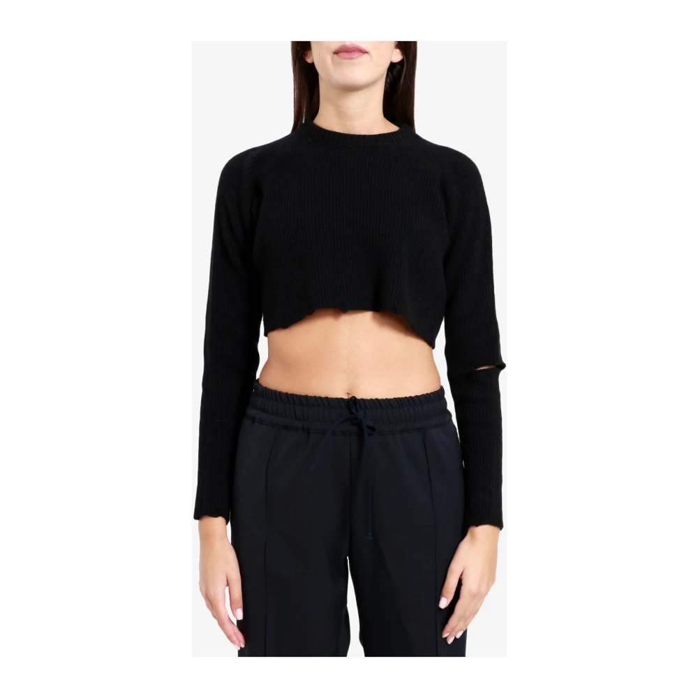 A Paper Kid Zwarte Crop Sweatshirt met Split en Logo Tag Black Dames