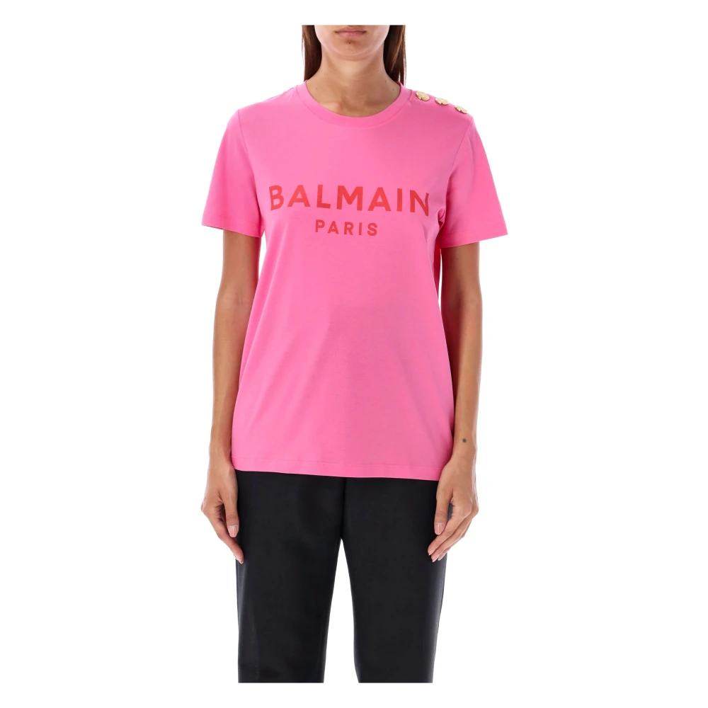 Balmain Flocked Paris T-Shirt Fucsia Rose Pink, Dam