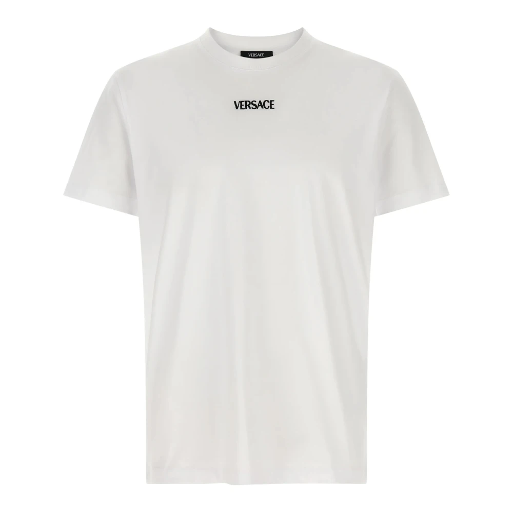 Versace Herr Vit Toppar L, Bomull, Broderad Slim T-Shirt I Bomullsjersey