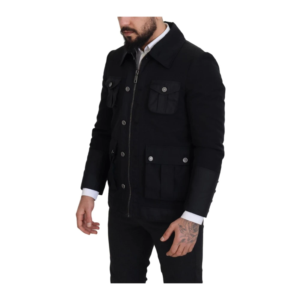 Dolce & Gabbana Elegante Zwarte Wol Zip Jas Black Heren