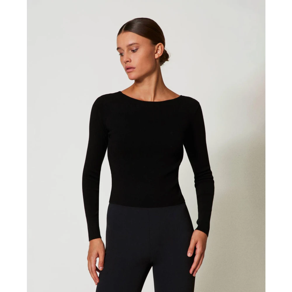 Twinset Omkeerbare zwarte truien met ovale T-metalen platen Black Dames