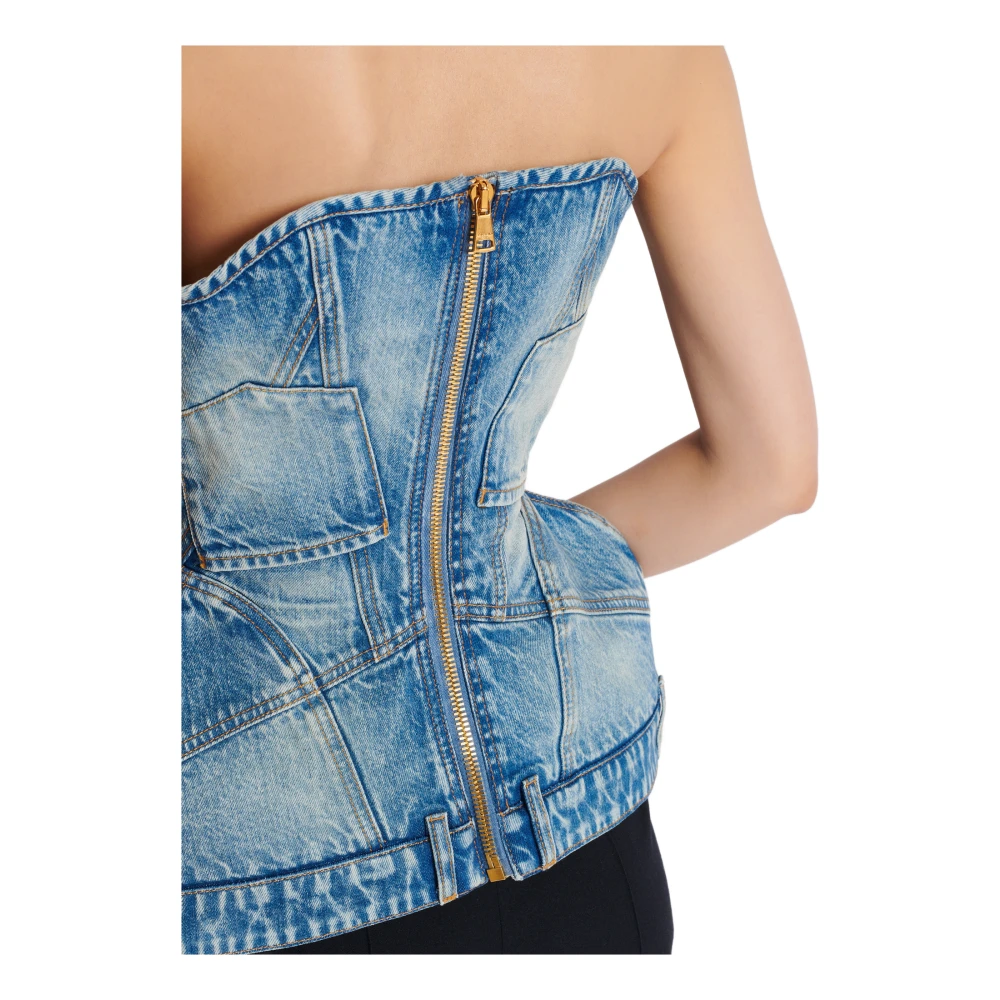 Balmain Gestructureerde denim bustier Blue Dames